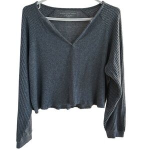 🐚🪼 2/20$ TOPS 🪼🐚 Blue Gray Waffle Knit V-Neck Cropped Long Sleeve Top